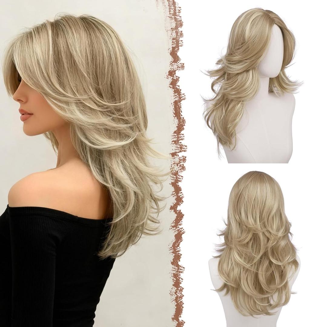 FESHFEN Dirty Blonde Wavy Layered Wig with Curtain Bangs for Women, 20 Inch Long Synthetic Natural Looking Middle Part Hair Wig For Costume Party Daily Use
