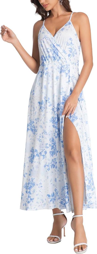 Women's 2025 Summer Maxi Dress Floral Print Split Thigh Cami Strap Casual Boho Beach Flowy Sundress