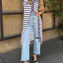 BLENCOT Women's V Neck Striped Fall Sweater Vest Causal Sleeveless Button Cardigan Midi Cover Up Tank Dresses (White, S)