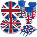 141 PCS British Flag Party Supplies Tableware Set Union Jack Party Supplies Union Jack Tableware Including Union Jack Paper Plates Dessert Plates Cups Napkins Disposable knives spoons straws,Serves 16