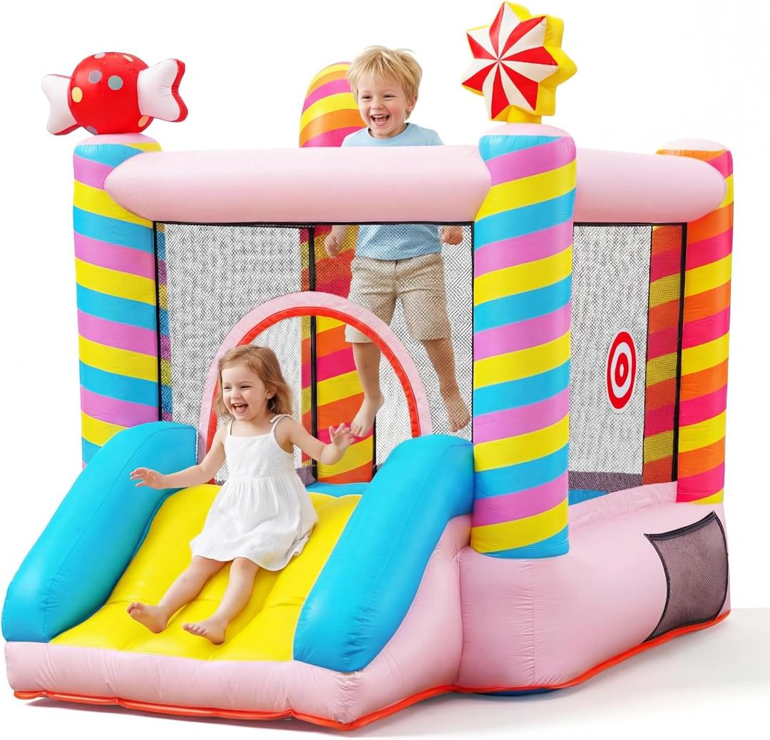 Candy Bounce House for Kids Ages 3-6, Sweet Inflatable Bouncy Castle with Slide, Indoor Outdoor Small Jumping House with Blower, Mini Toddler Bounce Castle for Birthday Gifts and Holidays