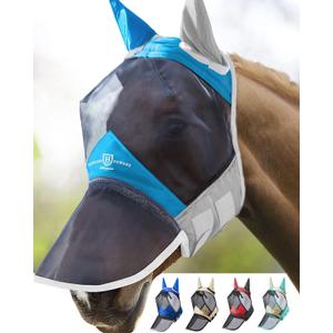 Harrison Howard Pro Luminous Horse Fly Mask Long Nose with Ears UV Protection for Horse Azure Blue/Silver Medium Cob