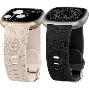 Minyee 2 Packs Floral Engraved Band Compatible with Fitbit Versa 4/Versa 3/Sense 2/Sense Band Women, Cute Silicone Dandelion Sunflower Design Soft Sport Fancy Summer Strap for Versa 4 (Starlight & Black)