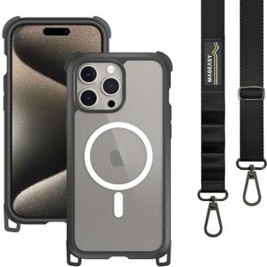 MAGEASY Case with Strap for Phone 15 Pro Max - Heavy Duty 16ft Drop Protection, 6.7" Crossbody Case with Lanyard, Compatible with MagSafe - Odyssey M + Strap | Embedded Leather Frame