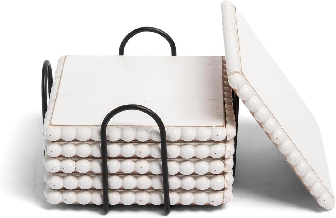 GENMOUS 6 Pack Farmhouse Wooden Bead Coasters with Metal Holder for Coffee Table Decor, Square Handmade Cup Coasters Set for Drinks Absorbent, Rustic Cute for Home Kitchen Table Dcor Gift