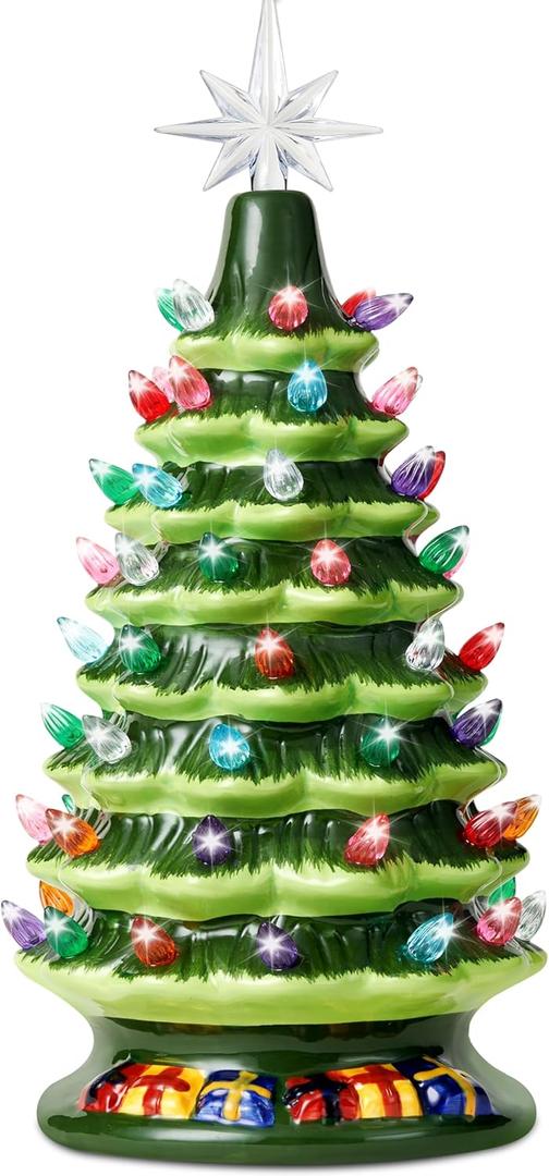 Joiedomi 15" Tabletop Prelit Ceramic Christmas Tree with 70 Multicolor Lights, Hand-Painted Ceramic Tabletop Christmas Tree with Extra Clear Top Star for Xmas Holiday Indoor Decorations (Green)