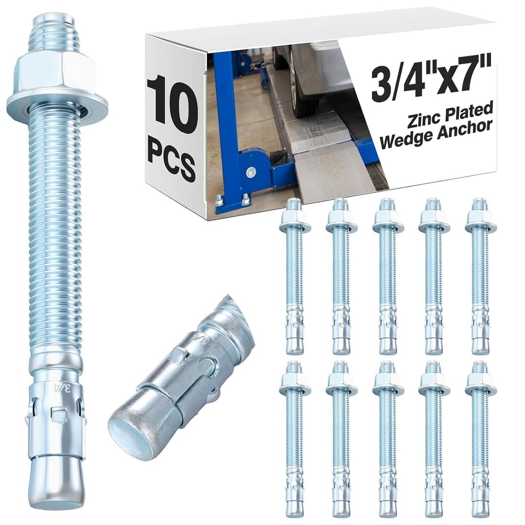 Shimeyao 10 Pack 3/4'' x 7'' Wedge Anchors Zinc Plated Concrete Anchors for 2 Post Car Lift Carbon Steel Fastener for Concrete Installation with Nuts and Washers