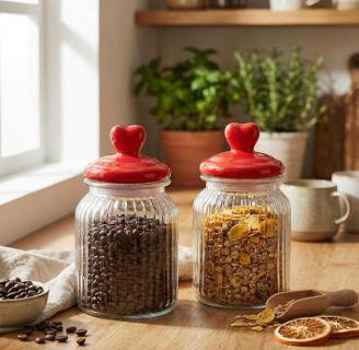 Valentine's Day Cookie Jars Glass Candy Jar with Heart Lids Decorative Heart Containers Food Storage Canister with Airtight Lid for Valentines Party Table Decoration (Red Lid 2 Pack), 32oz