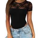 Saslax Women's Lace Bodysuit Crew Neck Short Sleeve Sheer Sexy Slim Fit Going Out Top for Concert Date Night Club Black M