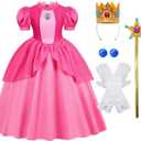 AmzMach Princess Peach Costume for Girls Classic Pink Dress Cosplay Halloween Party Dress Up Kids Birthday Outfit  (4-5 Years, Dress With Accessories)