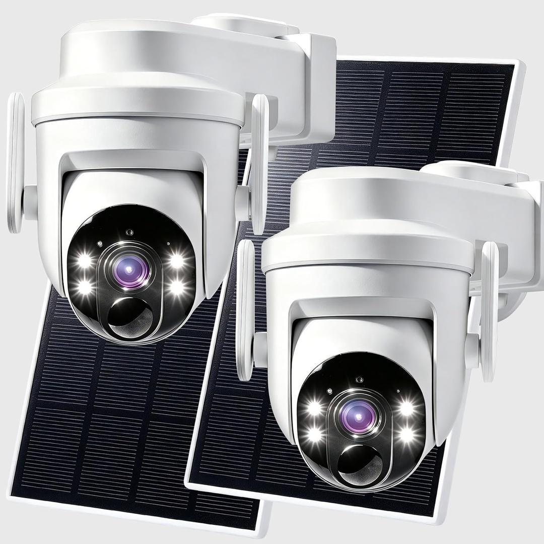2K Solar Security Wireless Camera Outdoor, 2 Pack 2.4Ghz WiFi Battery Camera, 355° View Pan/Tilt Solar Camera with PIR Alarm, 2-Way Audio, Color Night Vision, IP65 Waterproof, Cloud & SD Storage