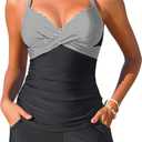 Womens Tankini Swimsuits with Shorts - Two Piece Tummy Control Bathing Suits Top with Two Pockets Swim Bottom (XX-Large, Black Striped)