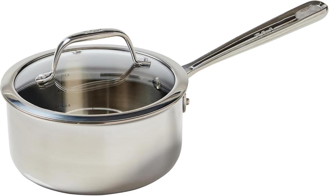 T-fal Pro Tri-Ply Stainless Steel Sauce Pan with Lid 2 Quart, Induction Compatible, Oven Safe 500F, Lid 350F, Multipurpose, Fast & Even Heat, Professional Quality & Durability, Dishwasher Safe, Silver