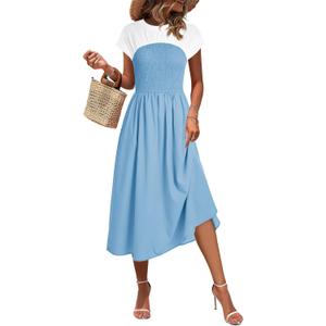 Wenrine Womens Casual Summer Midi Dress Smocked Cap Sleeve Crew Neck Color Block A Line Flowy Beach Dresses (Sky Blue)