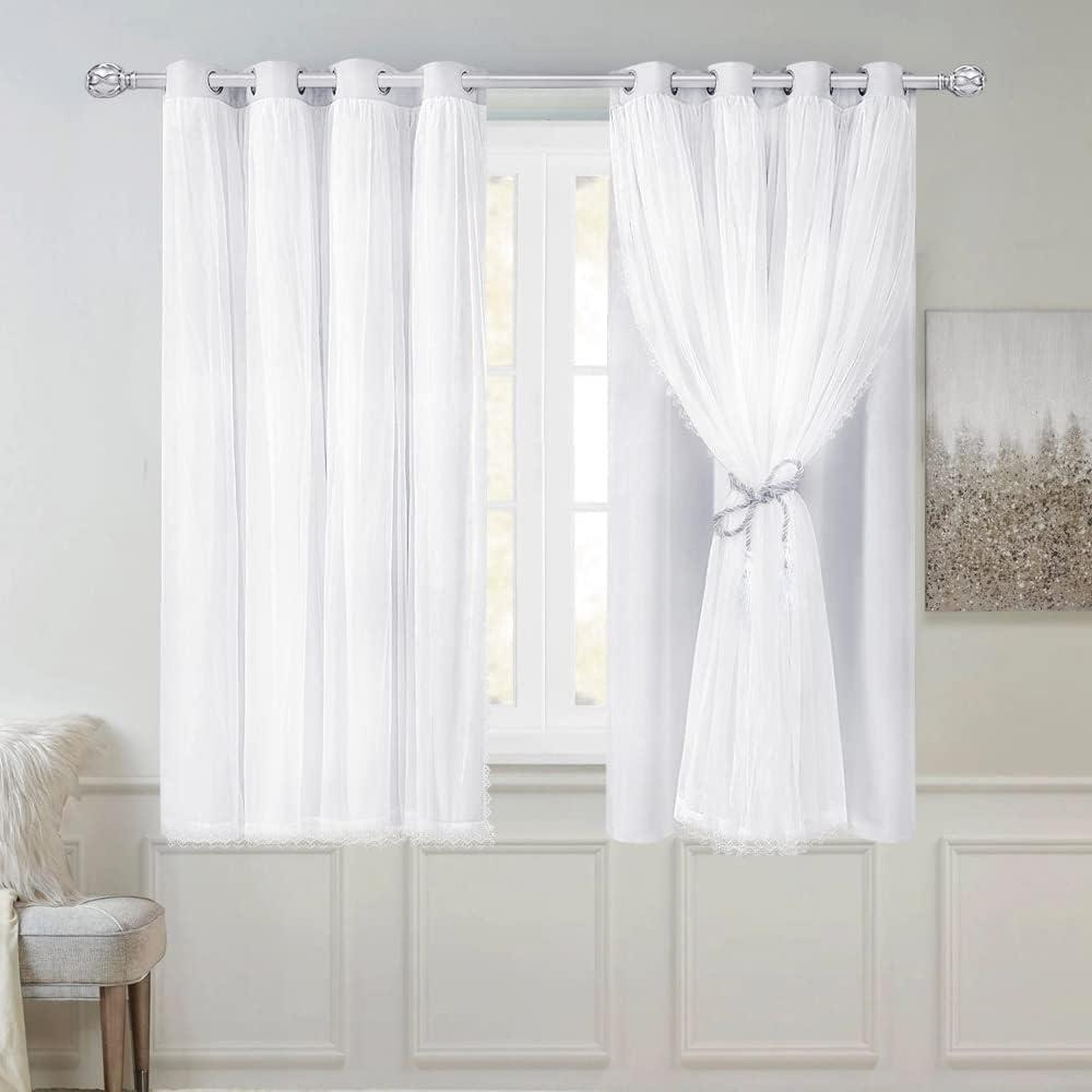 SOFJAGETQ White Blackout Curtains Set - Double Layers Voile Sheer Light Blocking Draperies with Tie-Backs for Bedroom Windows, 52 x 54 inches, Greyish White, 2 Pieces
