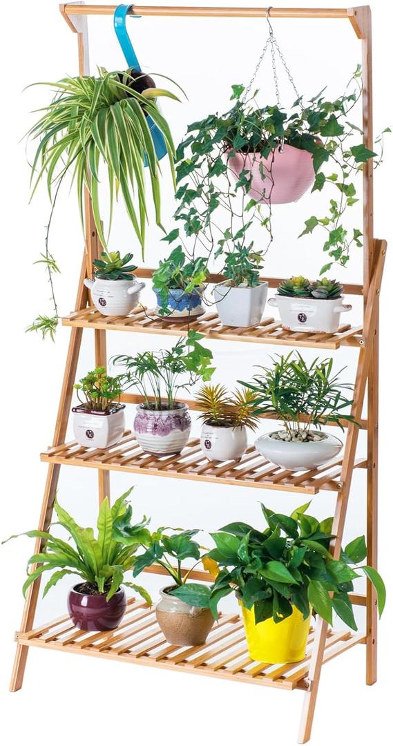 COPREE Bamboo 3-Tier Hanging Plant Stand Planter Shelves Flower Pot Organizer Rack Folding Display Shelving Plants Shelf Unit Holder