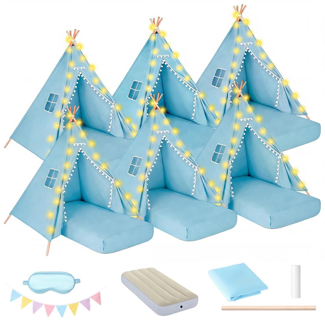 esgwork Teepee Tent, 6 Pack with Air Mattress (64"x28"), Sleeping Bag, Star Lights, Eye Mask, Banner, 6 Pompoms, Indoor Canopy Tent for Parties & Relaxation (Pink)