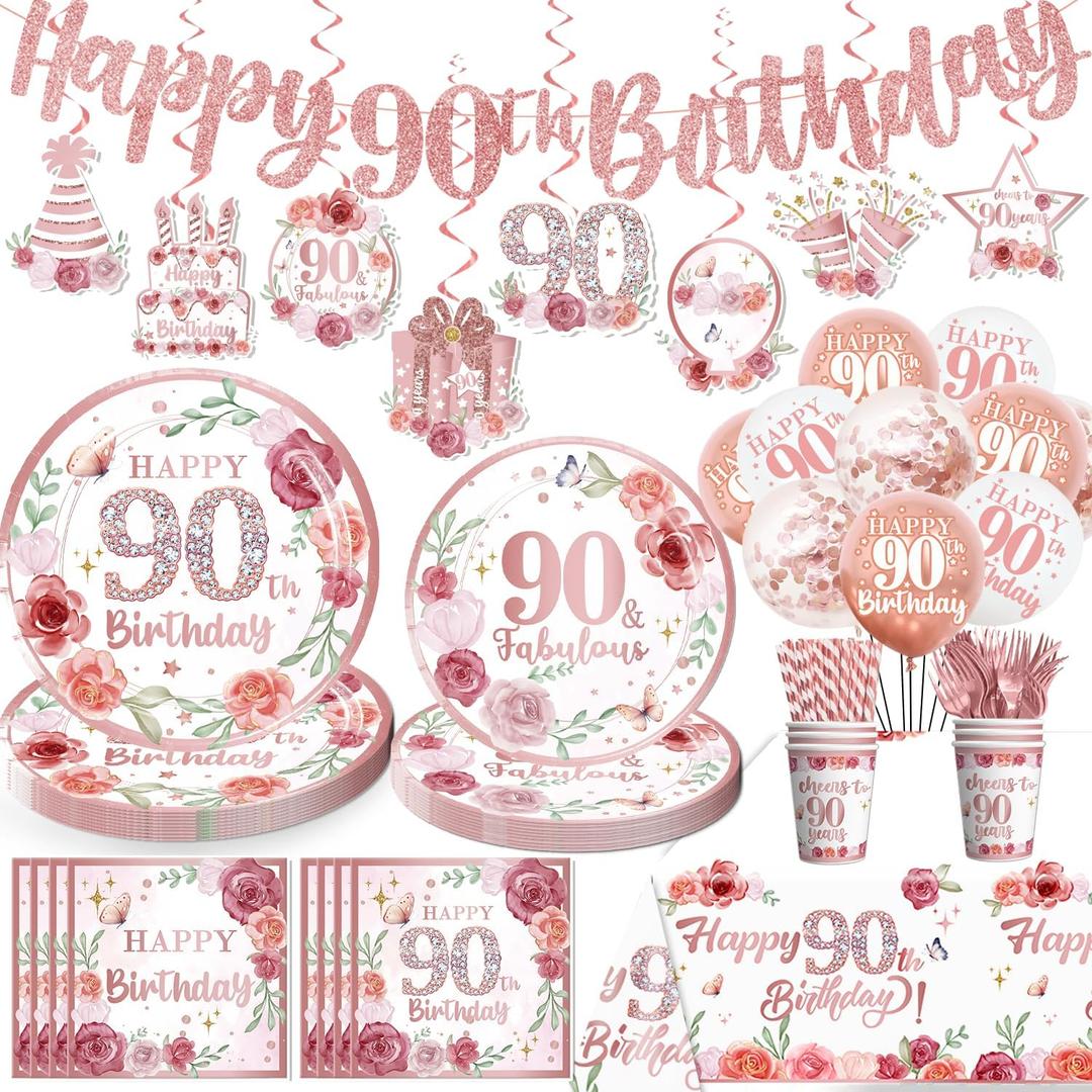 175pcs 90th Birthday Decorations Tableware Set for Women, Ninety Birthday Decorations with 90th Birthday Plates and Napkins Set, Rose Gold 90th Banner Hanging Swirls Tablecloth Balloon, Serves 25