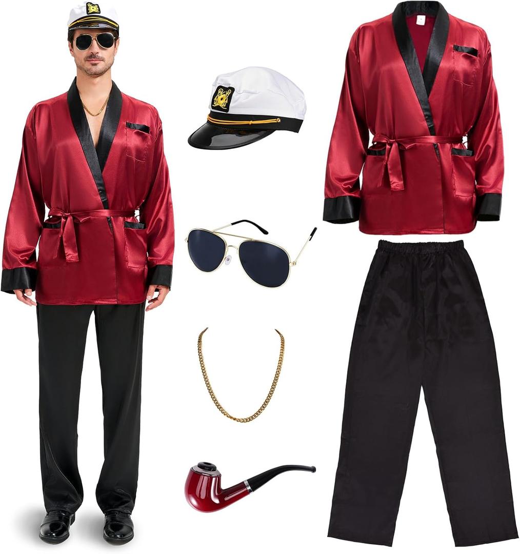 Halloween Red Silky Robe Jacket Costume Set Men's Captain Outfit with Hat Sunglasses Chain Funny Adult Party Cosplay (X-Large)