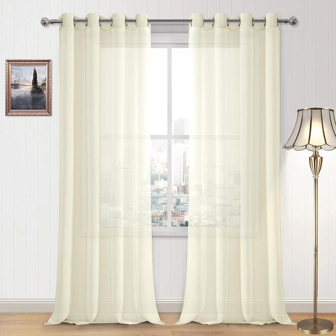 DWCN Ivory Sheer Curtains, Grommet Top Window Curtains for Bedroom & Living Room, Faux Linen Look Voile Semi-Transparent Solid Curtains Drapes Set of 2 Panels 52 x 102 Inch Long, Ivory