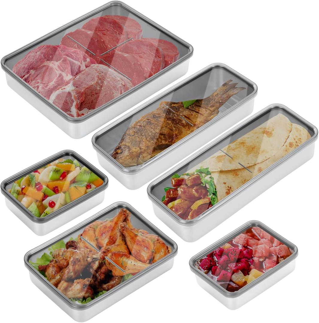 6 Pack Cheese Bacon Container for Refrigerator - Bacon Keeper for Refrigerator Airtight with Lids - 304 Stainless Steel Deli Meat Containers for Fridge - Stackable Fridge Organizer Fruit Storage