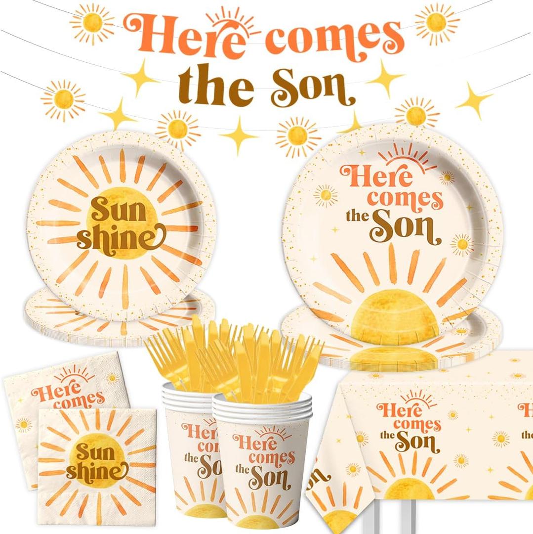 142Pcs Here Comes the Son Baby Decorations-1st Birthday Party Supplies for Boys Boho Sun Tableware Retro Sunshine Here Comes the Son Plates and Napkins Set for 20 Guests