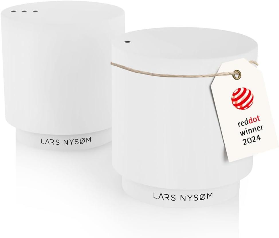 LARS NYSM Mini Salt and Pepper Shakers Set | Stainless Steel Salt and Pepper Shakers with Modern Minimalist Design, Easy Refill, Small Size (Pure White) (Set of Two Shakers)