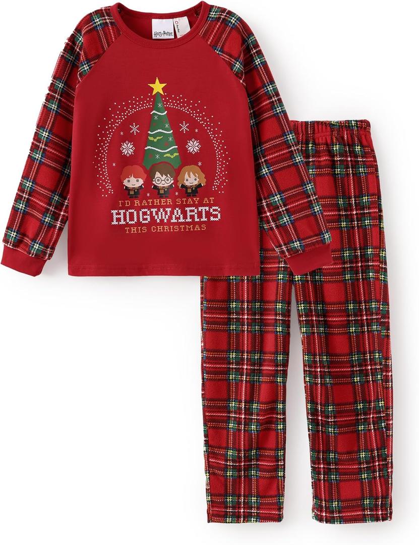 Harry Potter Pajamas Gryffindor Hufflepuff Slytherin Ravenclaw Hogwarts Crest Long Sleeve Shirt and Plaid Pant for Big Kid (6-7 Years, Red-1)