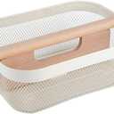 AJIODA Metal Mesh Steel Storage Basket, Garden Harvest Wire Organizer Basket Multi-functional Kitchen Fruit Basket with Wooden Removable Partition & Handle for Bath Picnic Decor Cabinet, Cream White