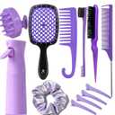 12 Pcs Hair Brush Set with Continuous Hair Spray Bottle for Women, Rat Tail Combs for Toddlers, Soft Scalp Massager, Detangling Hairbrush for Wet Dry Curly Hair (purple)