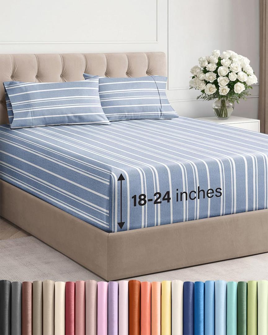 Extra Deep Pocket Queen Sheet Set - 4 Piece Breathable & Cooling Bed Sheets - Hotel Luxury Sheet Set - Ultra Soft, Wrinkle Free & Comfy - Fits Extra Deep Mattresses - Deep Pocket Blue Stripes 3 Sheets