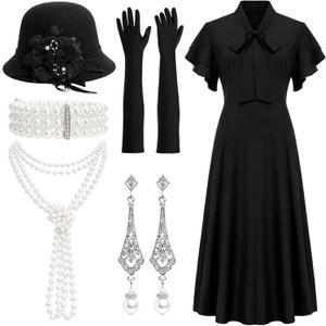 1920s Dresses for Women Vintage Flapper Dress 20s Costumes with Accessories Set Ruffle Cocktail Party Style Dress (M, Vintage, Black)