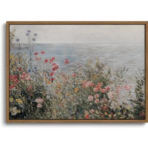 KISSFOX Vintage Framed Wall Art Coastal Wildflowers Canvas Art Prints Rustic Farmhouse Pictures Wall Decor Cottagecore Summer Aesthetic Paintings Artwork For Kitchen Bedroom Living Room Bathroom, 24"L x 16"W