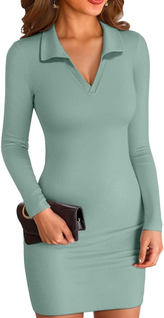 VICHYIE Women Lapel Neck Ribbed Bodycon Tight Fall Dress Long Sleeve Mid Thigh Pencil Above Knee Dresses, Large (Light Green)