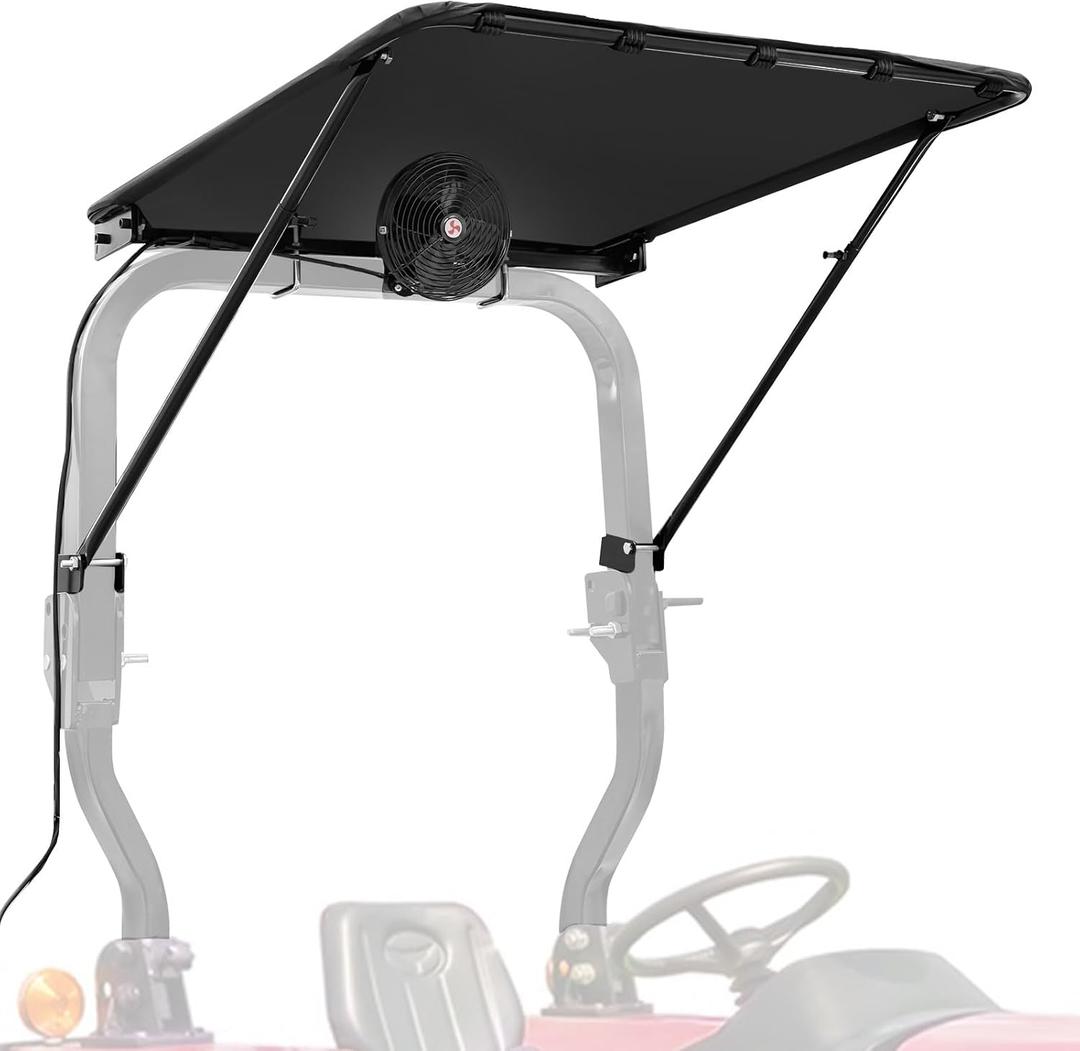 Universal Tractor Canopy with Electric Cooling Fan for ROPS UV-Resistant Sunshade with Active Airflow for Compact Tractors, Riding & Zero Turn Mowers Easy Bolt-On Installation