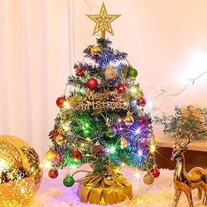 XmasExp 20in Mini Christmas Tree Artificial Small Christmas Tree with Lights, Star Treetop, Ornaments Balls, Bells and Pine Cones DIY Xmas Decorations Green