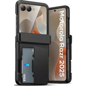 ATATOO for Motorola Razr 2025 Case Wallet, Built-in Card Holder (3 Cards) & Hinge Protection & HD Screen Protector, Military Grade Protection, Rugged Protective Phone Case for Moto Razr 2025, Black