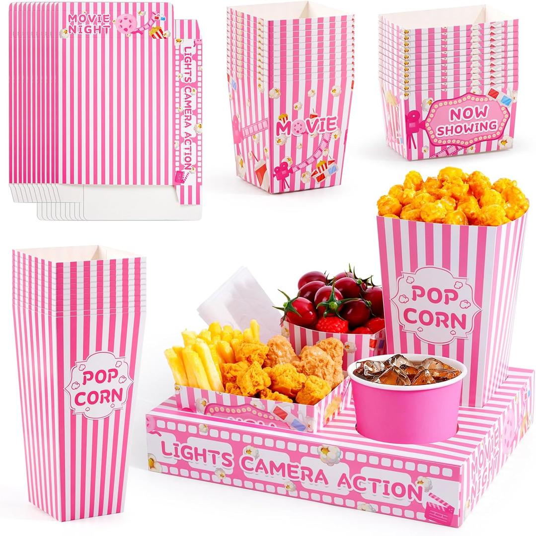 48 Pcs Movie Night Party Supplies Include 12 Paper Snack Trays 12 Popcorn Buckets 12 Snack Boxes 12 Food Bowls, Disposable Cinema Theater Accessories for Family Outdoor Party Birthday (Pink)