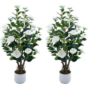 Jcezvnt 2 Pack Artificial Camellia Tree with White Pot, 38" Faux Potted Plants for Indoor Outdoor Decor, Tall Silk Greenery Plant for Home Offce Living Room Balcony, White