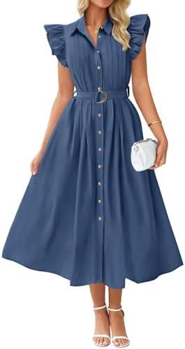 ZESICA Women's 2025 Summer Boho Button Midi Dresses Casual V Neck Flutter Sleeve Belted Long Dresses with Pockets Large