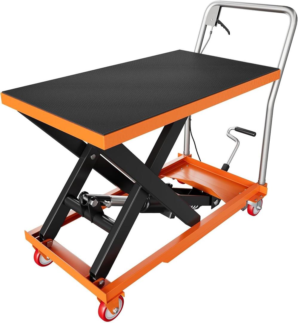 Hydraulic Lift Table Cart, 500 LBS Capacity 28.5 in Lifting Height, Manual Single Scissor Lift Table with Locking Wheels and Non-Slip Pad, Hydraulic Scissor Cart for Material Handling (Orange)