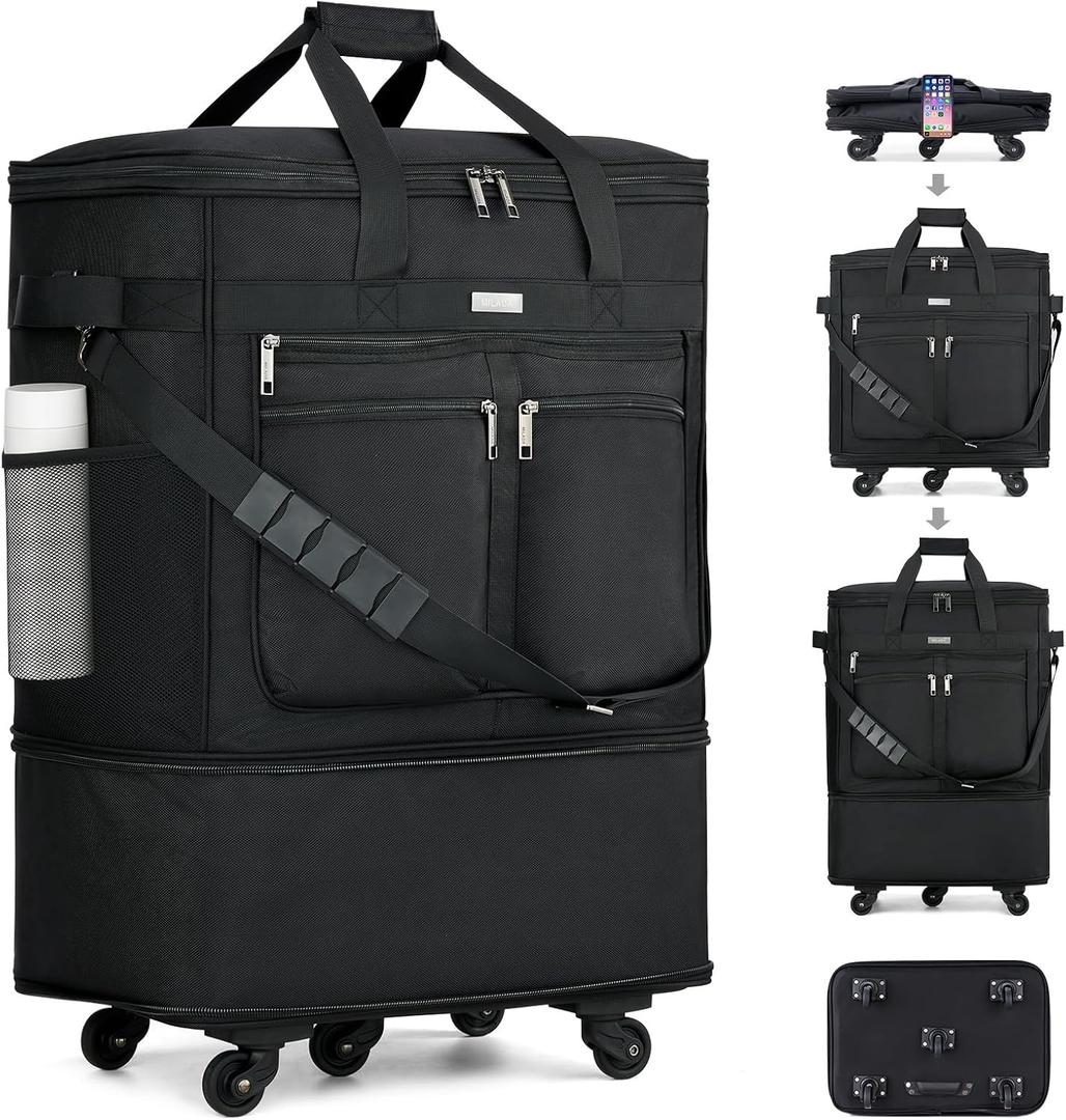 MILADA Expandable Luggage Bags for Travel Foldable Suitcase with Wheels Collapsible Rolling Travel Duffle Bag Lightweight Large Suitcases without Telescoping Handle, Black