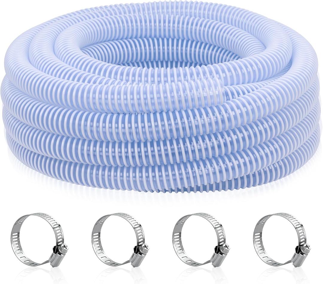 DAVCO 1.5" ID Heavy Duty Clear Pool Filter Pump Hose 25 ft - Cuttable Kinkproof PVC with Spiral Reinforcement and 4 Stainless Steel Clamps for Above Ground Pools, Intex and Coleman