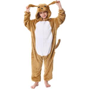 Unisex Animal Hooded Costume for Kids Boys Girls Flannel Halloween Jumpsuit Cosplay One Piece Romper 6-13 Years (Dog)
