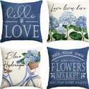 AVOIN colorlife Hello Love Blue Hydrangea Bicycle Throw Pillow Covers, 16 x 16 Inch Flowers Summer Spring Mother's Day Cushion Case for Sofa Couch Set of 4