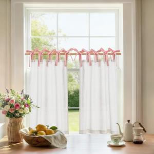 Jinchan Linen Tie Top Curtains 36 Inch Length Farmhouse Cafe Curtains Set of 2 for Bedroom Bathroom Rustic Small Windows Light Filtering White Panels with Pink Ties