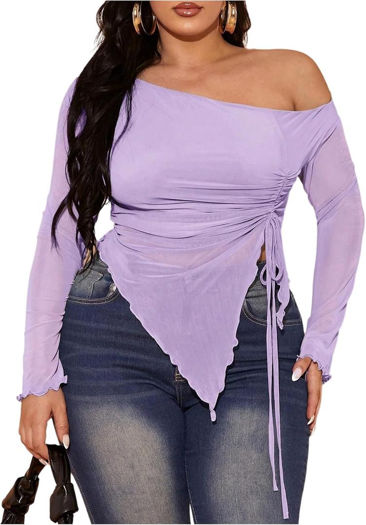 RoseSeek Women's Plus Size Sheer Mesh Off Shoulder Tops Long Sleeve Drawstring Asymmetrical Hem Ruched T Shirt Mauve Purple X-Large Plus