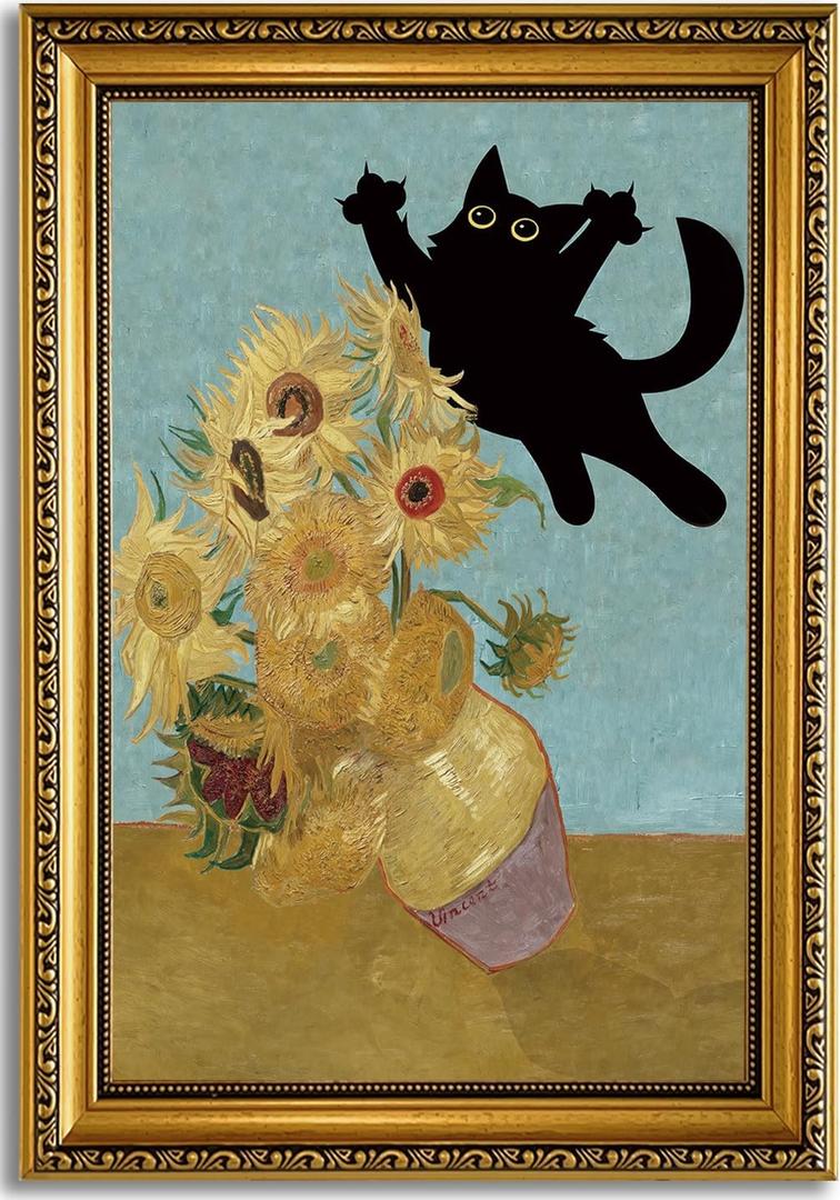 YD&YZY Black Cat Sunflower Wall Art 16x24 inch Gold Framed