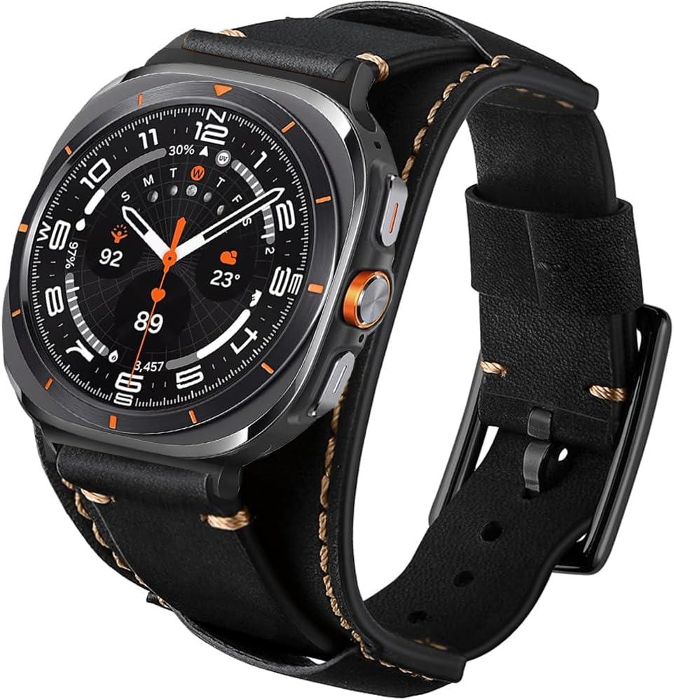 Genuine Leather Bands Compatible with Samsung Galaxy Watch Ultra 47mm Replacement Wristband, Smart Watch Bracelet Wristband Crazy Horse Cuff Adjustable Quick Release Straps for Women Men (Black)