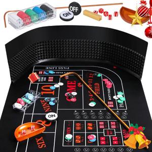 Craps Tabletop Game Set with 35 * 70" Rubber Craps Tabletop Mat, 48 * 11" Rubber Craps Diamond Pyramid Bumper, 36" Rattan Stick, Casino Grade 19mm Dice, On/Off Button & 100 pcs Chips (Black)